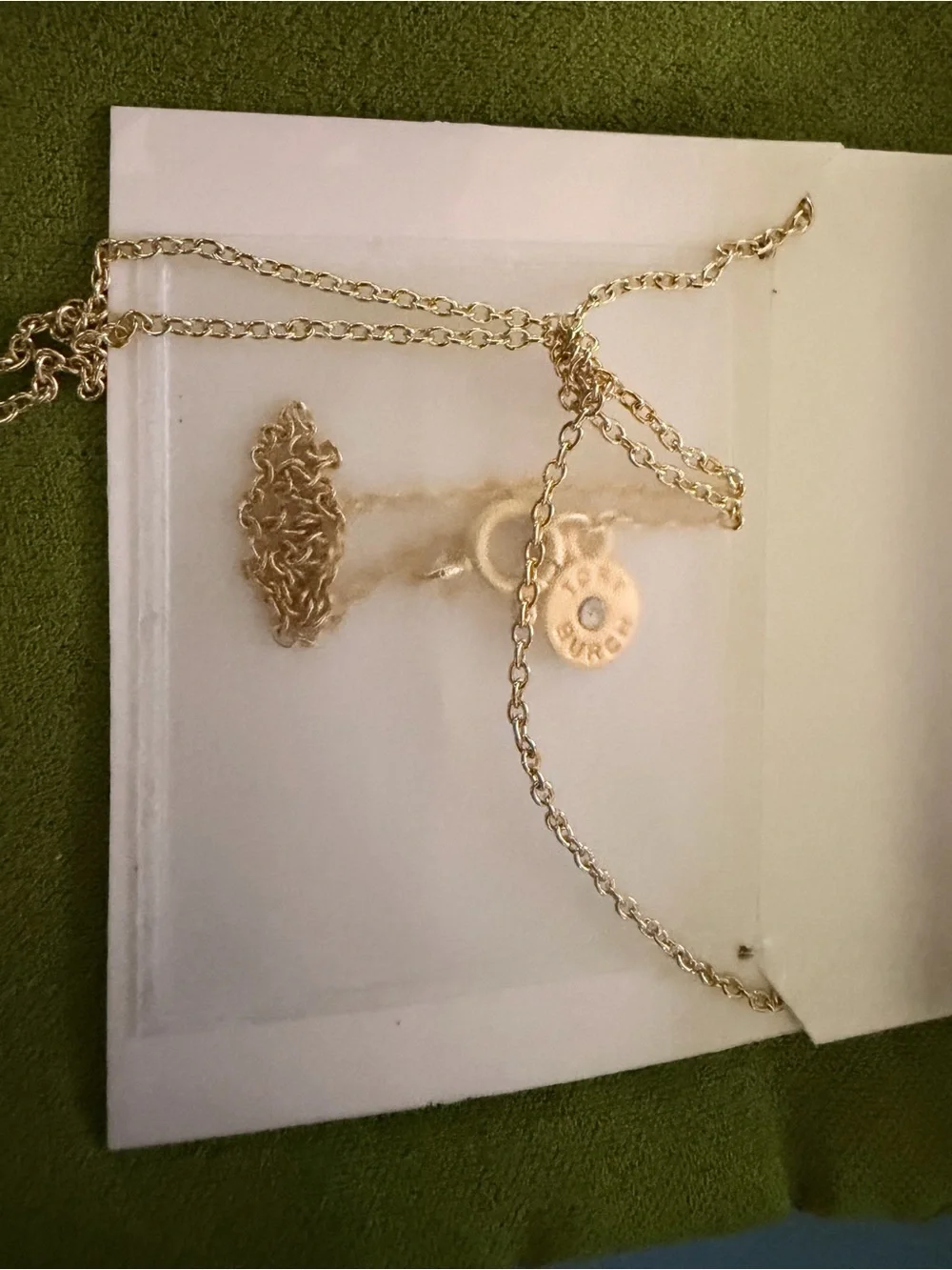 Tory Burch Gold Logo Pendant Necklace with Clear Crystals 17 inches
